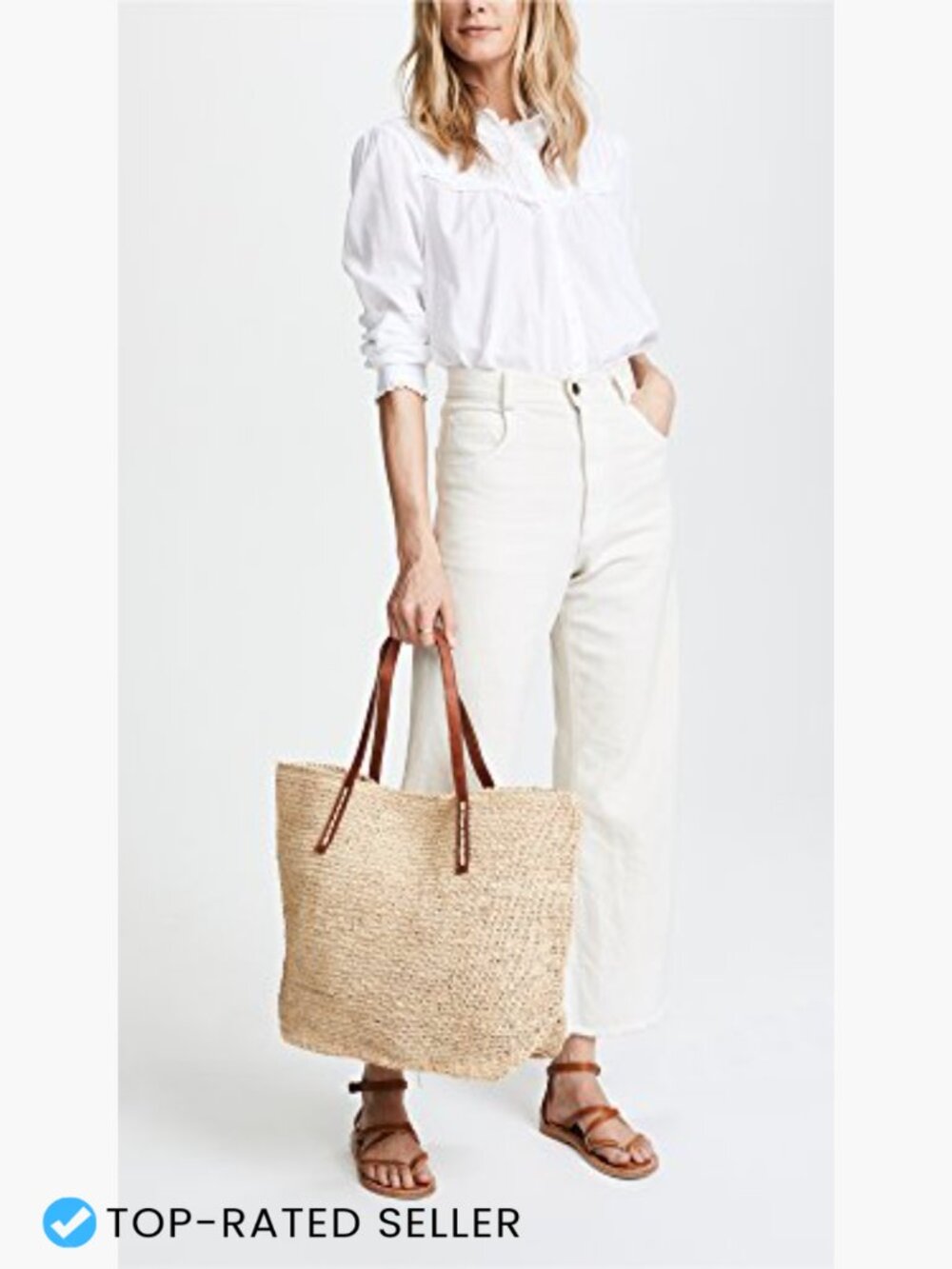 Woven Straw Slouchy Tote Magnetic Closure Leather Handles 20in Length - Picture 3 of 6